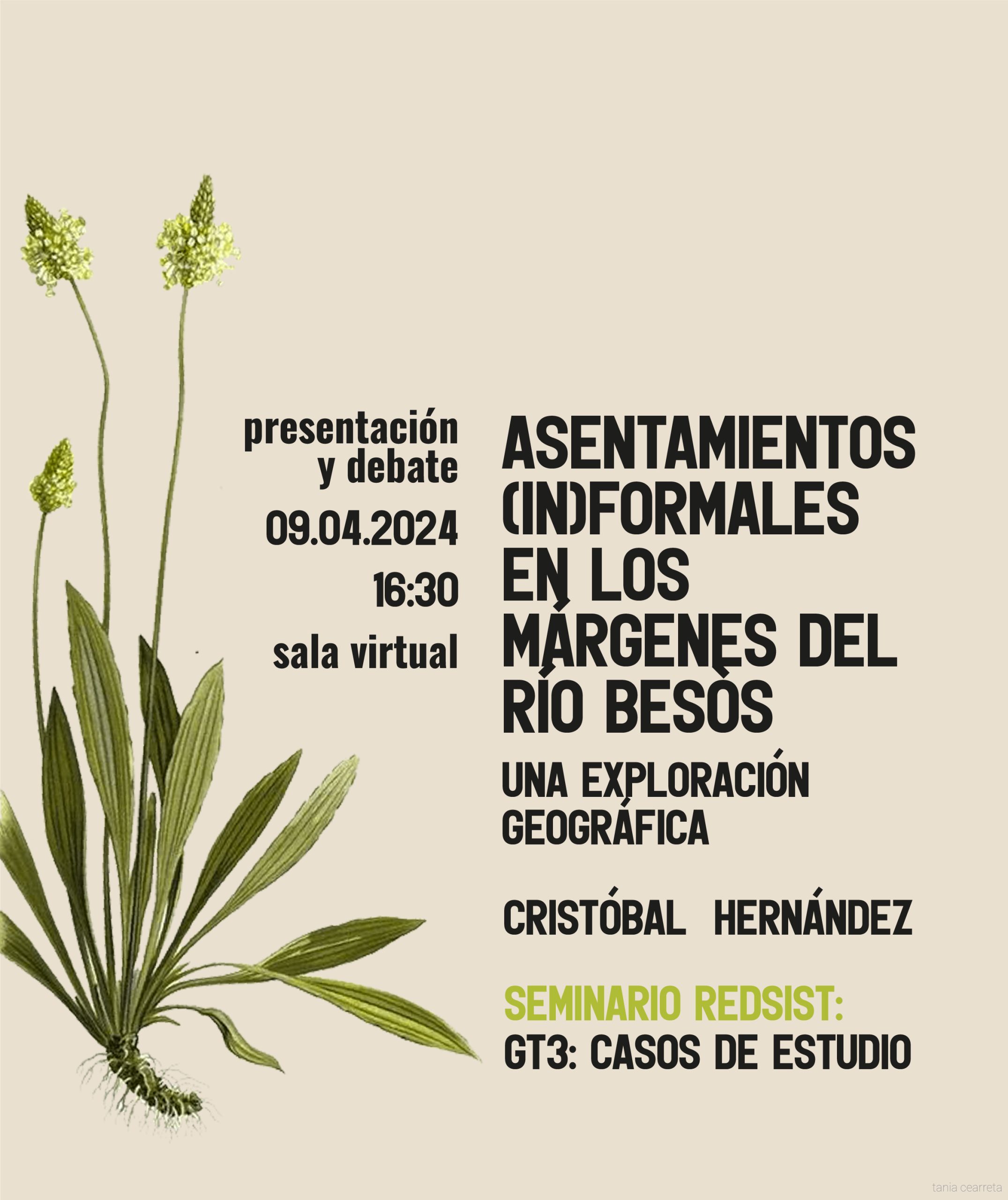 Cartel de difusión de la presentación y debate del seminario REDSIST «Asentamientos (in)formales en los márgenes del Río Besòs. Una exploración geográfica» impartido por Cristóbal Hernández el 9 de abril de 2024. El cartel tiene un motivo floral duotono en fondo color arena.
