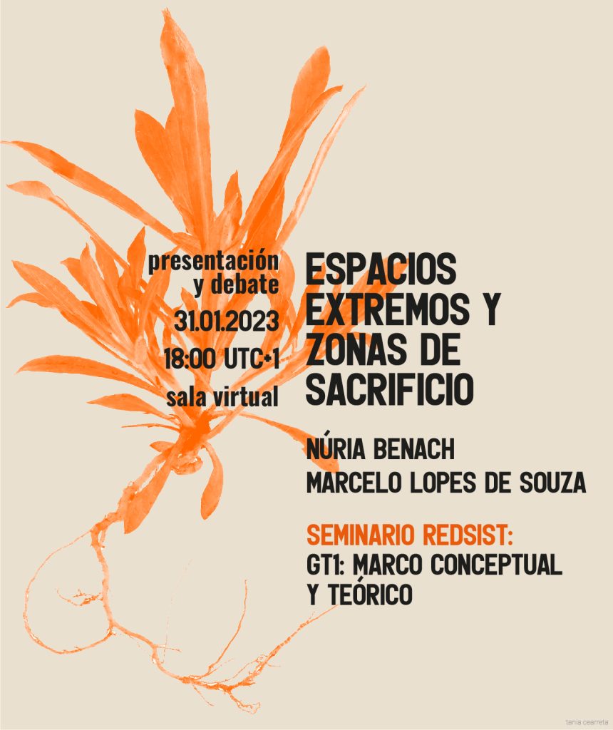 Cartel de difusión de la presentación y debate del seminario REDSIST «Espacios extremos y zonas de sacrificio» impartido por Núria Benachel 31 de enero de 2023. El cartel tiene un motivo floral duotono en fondo color arena.